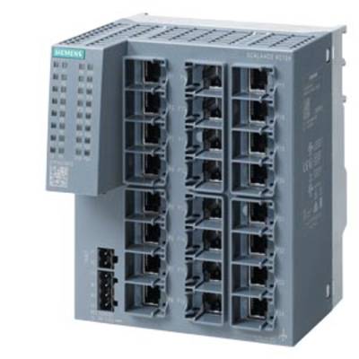 An industrial switch with multiple Ethernet ports and a Siemens logo in the top left corner. Ideal for network management in industrial environments.