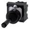Joystick switch with a black handle. Rectangular black housing with a silver cap at the top end of the joystick.