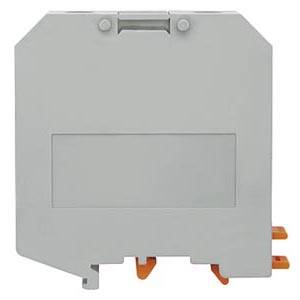 Grey electrical terminal block with two orange levers on the underside, for electrical wiring in control cabinets.
