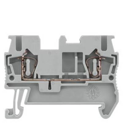 Grey electrical terminal block with metal inserts, used for connecting wires. Primarily utilised in electrical control cabinets.