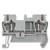 Grey-white electrical terminal strip with two metal clamps, side cable entry, and company symbol in the bottom right corner.