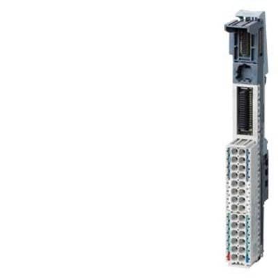 A modular I/O system module with multiple ports, used in industrial automation.