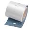 A roll of white plastic labels, partially unrolled, shown in a product photo. Ideal for barcode printing or labelling.