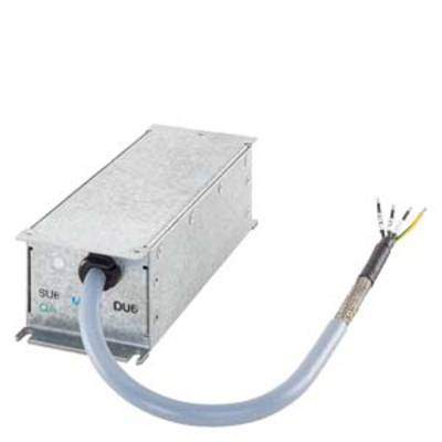 A rectangular metal box with cables, specifically for electrical applications, with the inscriptions 'SUB', 'OUT', 'DUE'.
