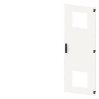 White door with two square windows and a black handle on the left side. Door opens to the right.