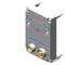 A grey electronic connector with two round yellow ports on the front, suitable for integration into a larger system.