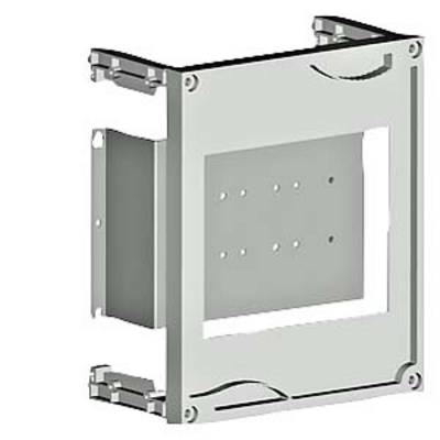 Metal mounting bracket for wall mounting, suitable for rectangular devices. Features fixing holes and an open front for easy integration.