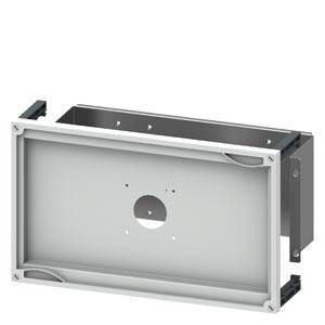 Metal frame with a rectangular opening, side mounting brackets, and holes for mounting an electronic device.