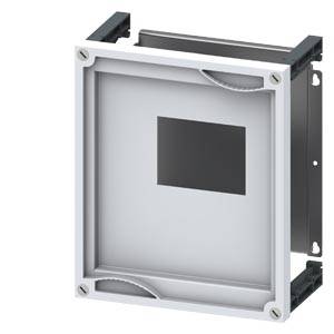 A rectangular, white frame with a central, dark square. The frame has rounded corners and is mounted in a metallic fashion.