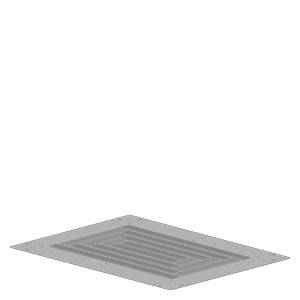 A square metal cover with air vents used for ventilation.