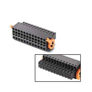 A rectangular, black connector with multiple square terminals and orange locking elements.
