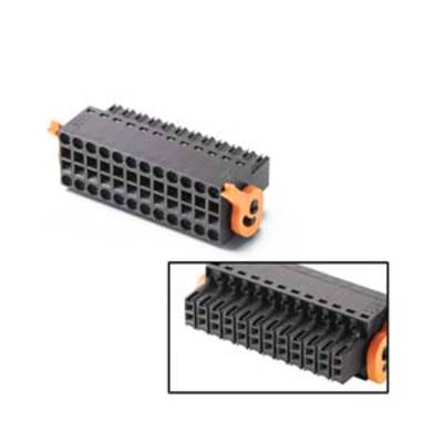 A rectangular, black connector with multiple square terminals and orange locking elements.