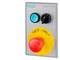 The illustration shows a Siemens emergency stop switch. At the top, there is a small blue button and a black rotary knob.