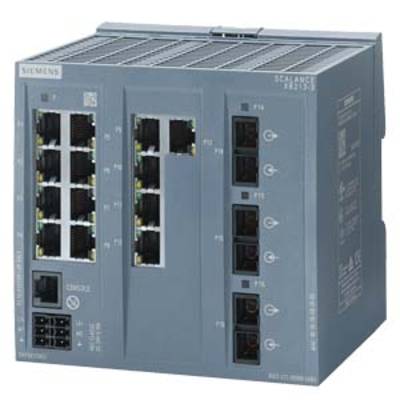 A grey industrial network switch with multiple Ethernet ports, suitable for connecting network devices in an industrial environment.