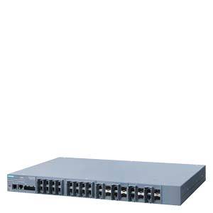A network switch with 24 ports on the front, used for connecting multiple devices within a local network.