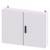 A rectangular, white metal cabinet with two doors and a black handle, suitable for wall mounting.