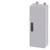 Grey wall cabinet with black handle, rectangular shape, electrical junction box.
