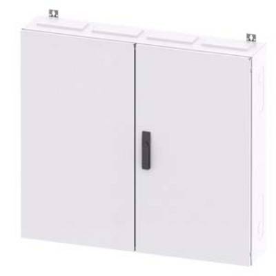 White control cabinet with two doors and a black handle, wall-mounted.