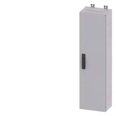Grey, rectangular metal cabinet with black handle and hinges at the top. Used for housing electrical components.