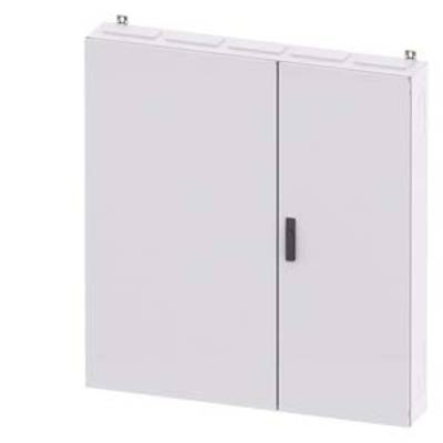 Metal control cabinet with two doors and a central handle; closed, minimalist design.
