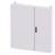 Metal control cabinet with two doors and a central handle; closed, minimalist design.