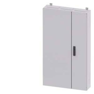 Grey metal cabinet with two doors, a black handle, and wall mounting brackets at the top. Suitable for storage or archiving.