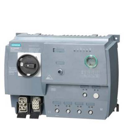 Grey control cabinet by Siemens with operating buttons and connections on the front.
