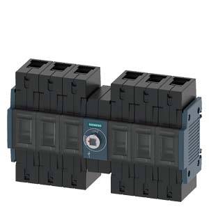 A black multi-phase circuit breaker by Siemens with a blue switch in the centre, suitable for industrial power distribution.