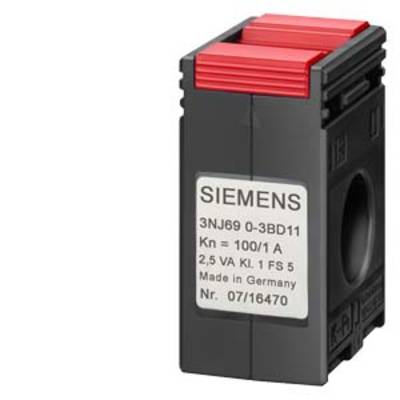A black Siemens current transformer with a red lid, Model 3NJ6900-3BD11, 100/1 A, 2.5 VA, for industrial applications.