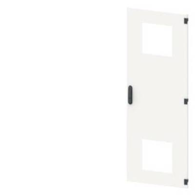 White cupboard door with two square cut-outs and a black handle on the left-hand side.