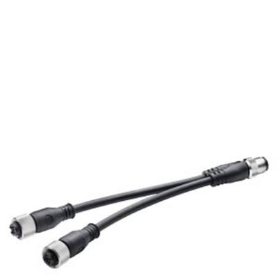 A Y-cable with one male and two female plugs, black, suitable for connecting devices in electronics.