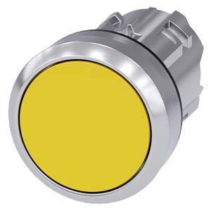 Yellow round push button with silver rim, commonly used for industrial controls.