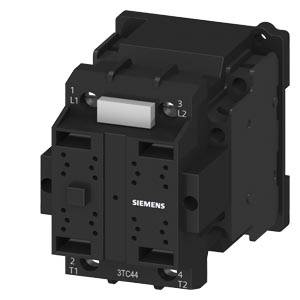 A black electric contactor from Siemens with the designations L1, L2, T1, T2.