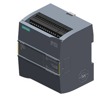 A Siemens SIMATIC S7-1200 controller in a grey housing, showing multiple slots and connections on the top surface.