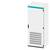 A white, vertical control cabinet with ventilation slots at the bottom and a turquoise stripe at the top, stands alone.