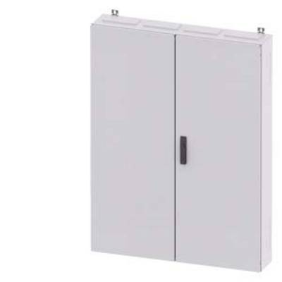 A grey, closed metal cabinet with two doors and a central handle, against a neutral background.