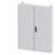 A grey, closed metal cabinet with two doors and a central handle, against a neutral background.