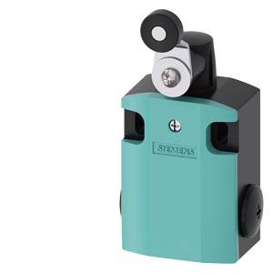 A navy-blue and black industrial sensor from Siemens, likely for position or object detection, with mounting holes and a black lever.