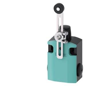 A turquoise limit switch with a rotatable lever arm and black base, used for detecting positions in machinery.