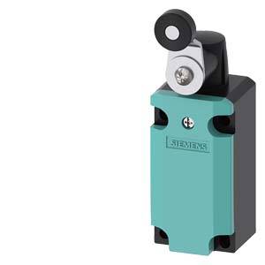 A turquoise Siemens limit switch with a black lever and pressure roller, set against a white background. Used for machine safety.