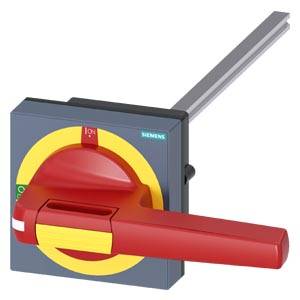 A red switch lever in a yellow and grey mounting, in the 'ON' position. Suitable for electrical control panels.