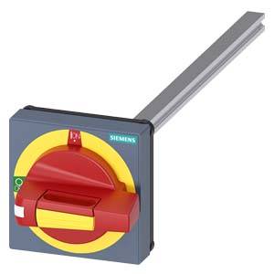A red main switch with a yellow background on a grey Siemens housing, used for controlling electrical devices.