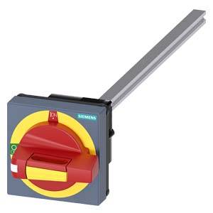 Image of a Siemens emergency stop switch with a red rotary handle and yellow background, for manual interruption of the electrical circuit.