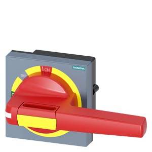 Switch with red lever in 'OFF' position. Grey casing, yellow sign. Siemens logo top right.