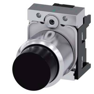 Round black push button on a metallic housing, suitable for control in electrical circuits.