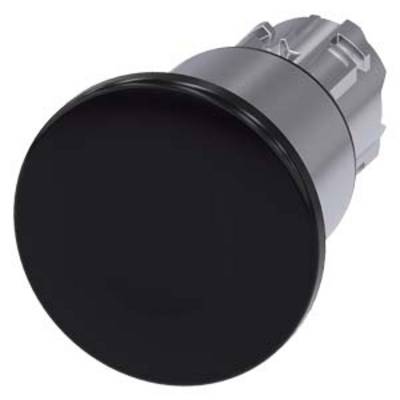 A black round push button with a silver mounting, suitable for industrial control systems.