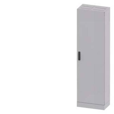 A slim, grey metal cabinet with a black handle, stands vertically against a white background.