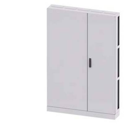 A closed, grey metal cabinet with two doors and a black handle.