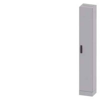 Grey, rectangular cupboard with a door on the front. A handle is located on the right side of the door.