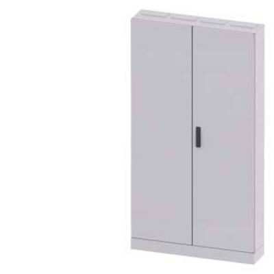 A grey, two-door metal cabinet with a central handle, set against a white background.